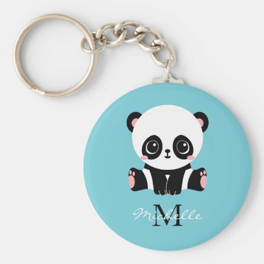 Monogram Cute Panda Aangepast gebubbel Blauw Sleutelhanger (Voorkant)
