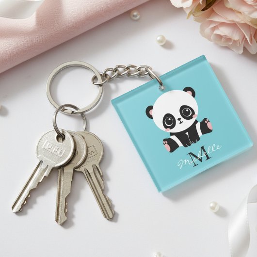 Monogram Cute Panda Aangepast gebubbel Blauw Sleutelhanger