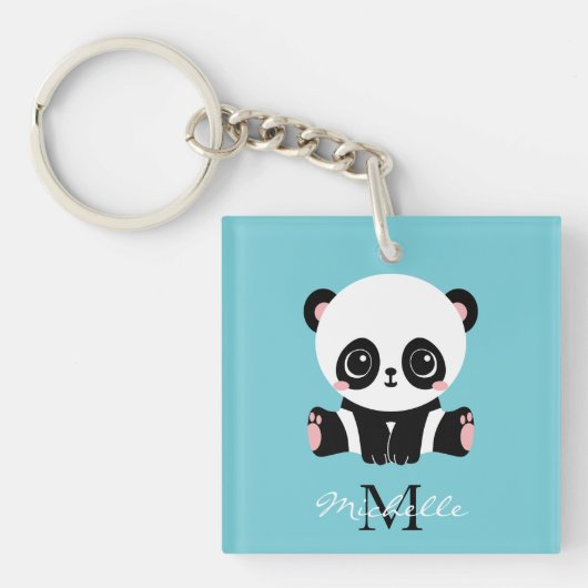Monogram Cute Panda Aangepast gebubbel Blauw Sleutelhanger (Voorkant)