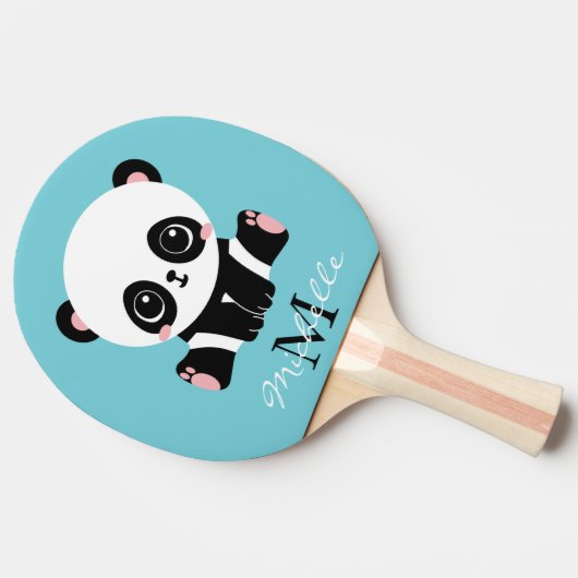 Monogram Cute Panda Aangepast gebubbel Blauw Tafeltennisbatje (Zijkant)