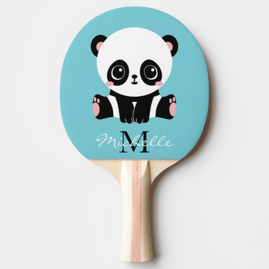 Monogram Cute Panda Aangepast gebubbel Blauw Tafeltennisbatje (Voorkant)
