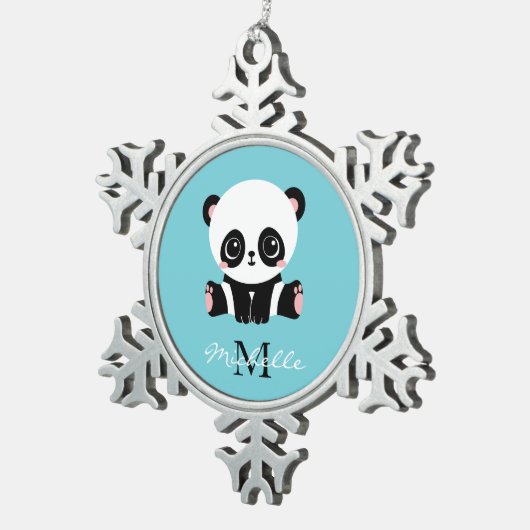 Monogram Cute Panda Aangepast gebubbel Blauw Tin Sneeuwvlok Ornament (Rechts)