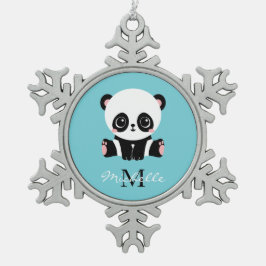 Monogram Cute Panda Aangepast gebubbel Blauw Tin Sneeuwvlok Ornament
