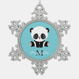Monogram Cute Panda Aangepast gebubbel Blauw Tin Sneeuwvlok Ornament