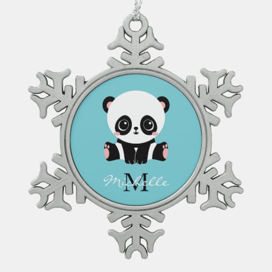 Monogram Cute Panda Aangepast gebubbel Blauw Tin Sneeuwvlok Ornament (Voorkant)