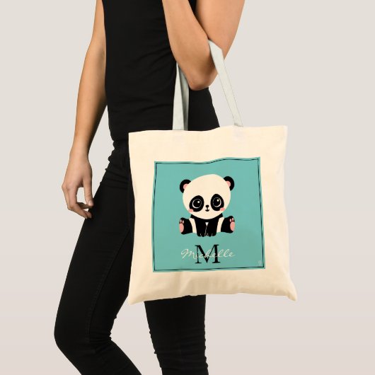 Monogram Cute Panda Aangepast gebubbel Blauw Tote Bag (Voorkant (product))