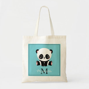 Monogram Cute Panda Aangepast gebubbel Blauw Tote Bag
