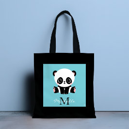 Monogram Cute Panda Aangepast gebubbel Blauw Tote Bag