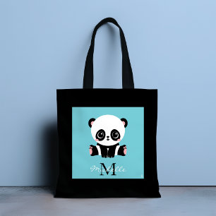 Monogram Cute Panda Aangepast gebubbel Blauw Tote Bag