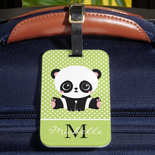 Monogram Cute Panda Beer Gepersonaliseerde Polka D Bagagelabel (Voorkant Insitu 2)