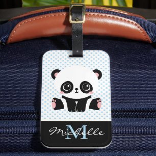 Monogram Cute Panda Beer Gepersonaliseerde Polka D Bagagelabel