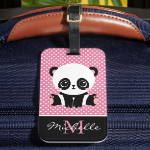 Monogram Cute Panda Beer Gepersonaliseerde Polka D Bagagelabel