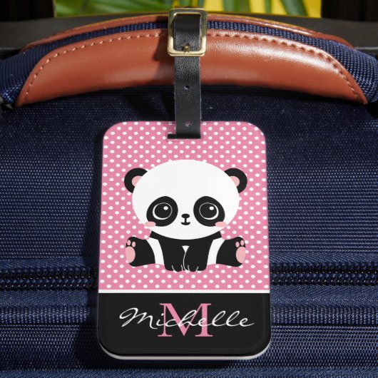 Monogram Cute Panda Beer Gepersonaliseerde Polka D Bagagelabel (Voorkant Insitu 2)