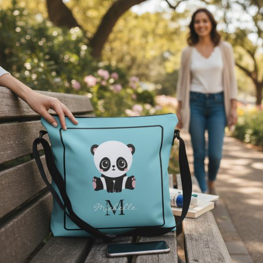 Monogram Cute Panda Blue Persoonlijke naam Crossbody Tas