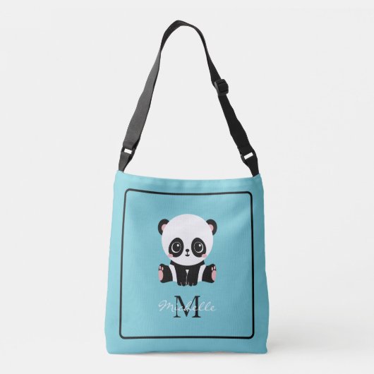 Monogram Cute Panda Blue Persoonlijke naam Crossbody Tas (Achterkant)