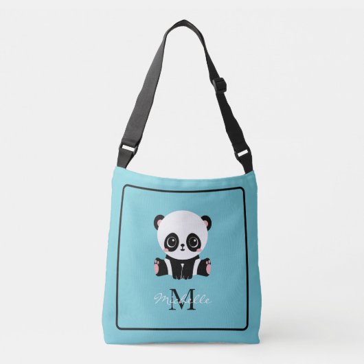 Monogram Cute Panda Blue Persoonlijke naam Crossbody Tas (Voorkant)