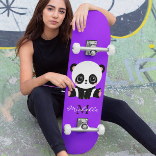 Monogram Cute Panda Gepersonaliseerd Paars Persoonlijk Skateboard