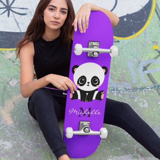 Monogram Cute Panda Gepersonaliseerd Paars Persoonlijk Skateboard