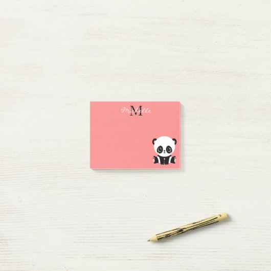 Monogram Cute Panda Roze Gepersonaliseerde Naam Post-it® Notes (Op bureau)