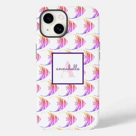 Monogram Cute Pink Fish Patroon Case-Mate iPhone Case (Achterkant)