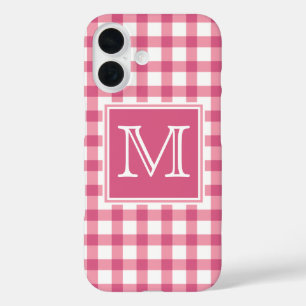 Monogram Cute Pink Gingham Pset Checker iPhone 16 Hoesje