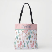 Monogram Cute Pink Llama's Green Cactus Canvas tas (Voorkant)