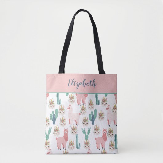 Monogram Cute Pink Llama's Green Cactus Canvas tas (Voorkant)