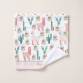 Monogram Cute Pink Llama's Green Cactus Trendy Bad Handdoek (Wasdoekje)