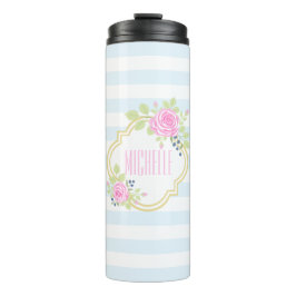 Monogram Cute Pink Roses Blueberry Thermal Tumbler Thermosbeker