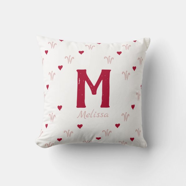 Monogram Cute Red Heart Pattern Naam Kussen (Voorkant)