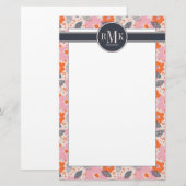 Monogram | Cute Retro Floral Pattern Briefpapier (Voorkant / Achterkant)