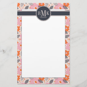 Monogram Cute Retro Floral Pattern Briefpapier