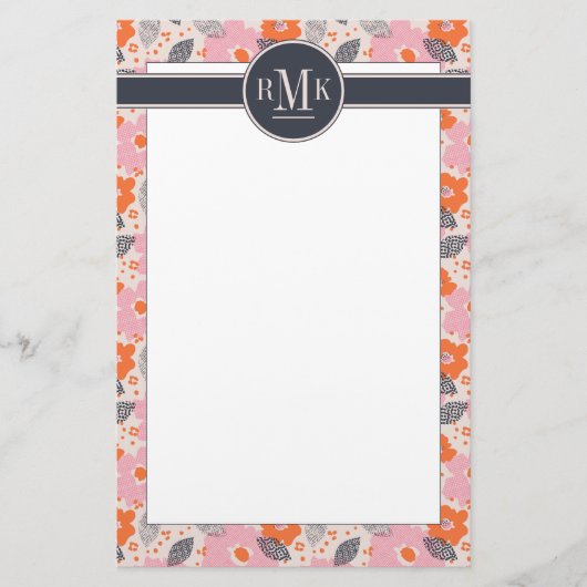 Monogram | Cute Retro Floral Pattern Briefpapier (Voorkant)