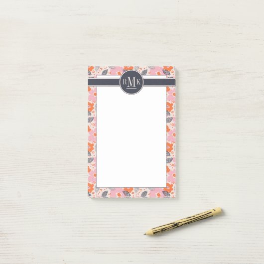 Monogram | Cute Retro Floral Pattern Post-it® Notes (Op bureau)