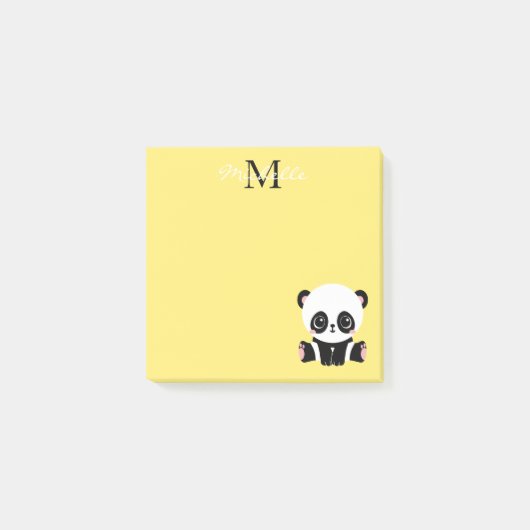 Monogram Cute Sitting Panda Gepersonaliseerd Geel Post-it® Notes (Voorkant)