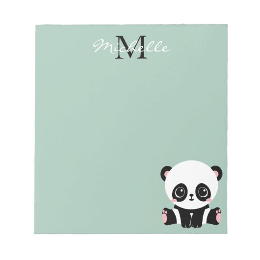 Monogram Cute Sitting Panda Personalized Sage Notitieblok (Voorkant)