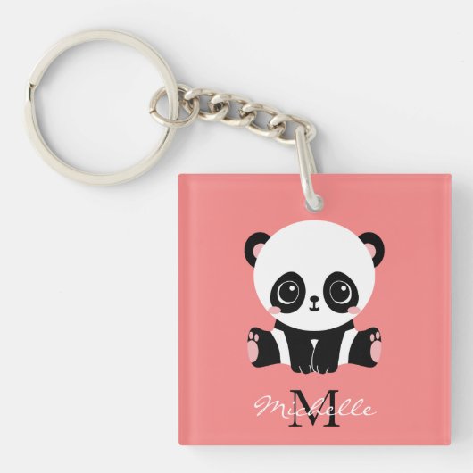 Monogram Cute Sitting Panda Personeelszalm Sleutelhanger (Voorkant)
