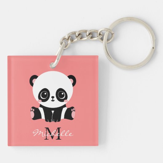 Monogram Cute Sitting Panda Personeelszalm Sleutelhanger (Achterkant)