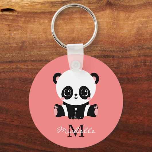 Monogram Cute Sitting Panda Personeelszalm Sleutelhanger (Achterkant)