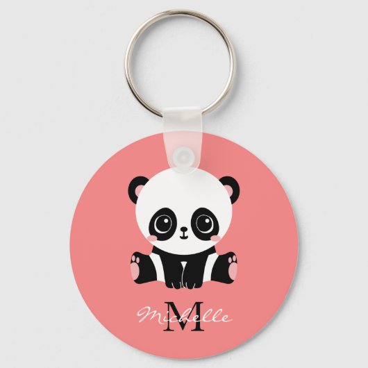 Monogram Cute Sitting Panda Personeelszalm Sleutelhanger (Achterkant)