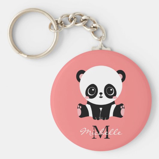 Monogram Cute Sitting Panda Personeelszalm Sleutelhanger (Voorkant)