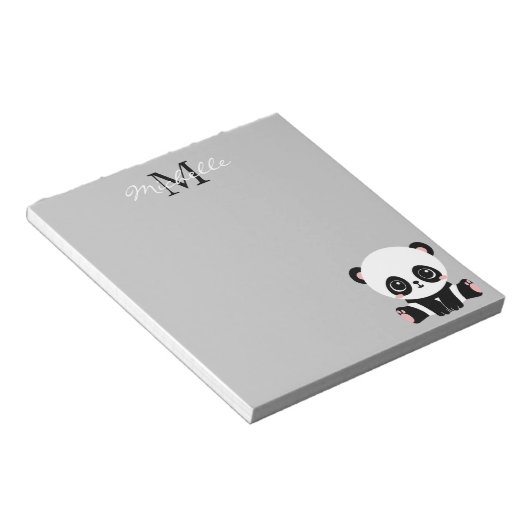 Monogram Cute Sitting Panda Persoonlijk Zilver Notitieblok (Schuin)
