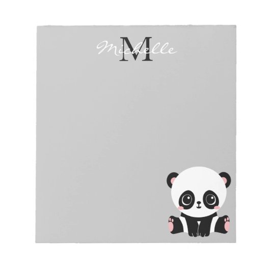 Monogram Cute Sitting Panda Persoonlijk Zilver Notitieblok (Voorkant)