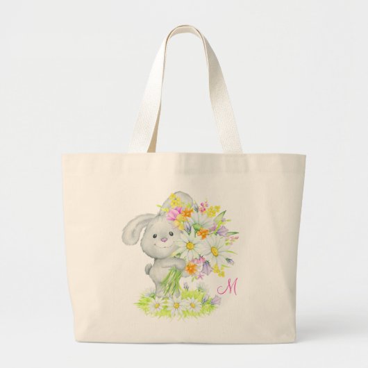 Monogram Cute Waterverf Floral Bunny Rabbit Grote Tote Bag (Voorkant)