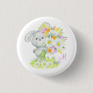 Monogram Cute Waterverf Floral Bunny Rabbit Ronde Button 3,2 Cm