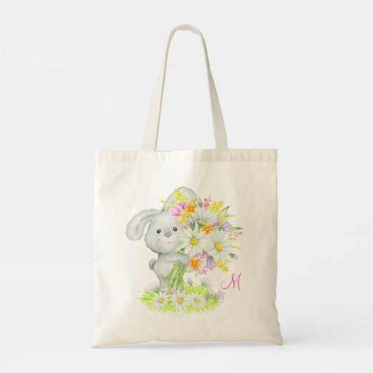 Monogram Cute Waterverf Floral Bunny Rabbit Tote Bag (Achterkant)