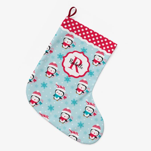 Monogram Cute Winter Penguin Grote Kerstsok (Voorkant (Hangend))