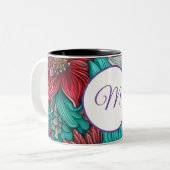 Monogram, cyaan blauw rode bloemen tweekleurige koffiemok (Voorkant links)