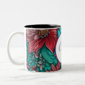 Monogram, cyaan blauw rode bloemen tweekleurige koffiemok (Links)