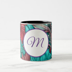 Monogram, cyaan blauw rode bloemen tweekleurige koffiemok